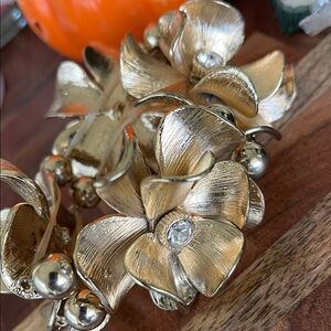 Vintage Gold Floral Bracelet/Crystal Accents